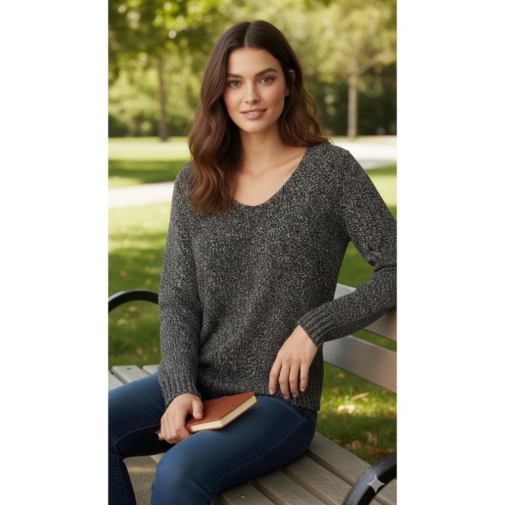 Eileen Fisher Womens Black White Marled 100% Cotton V-Neck Sweater Size Large‎